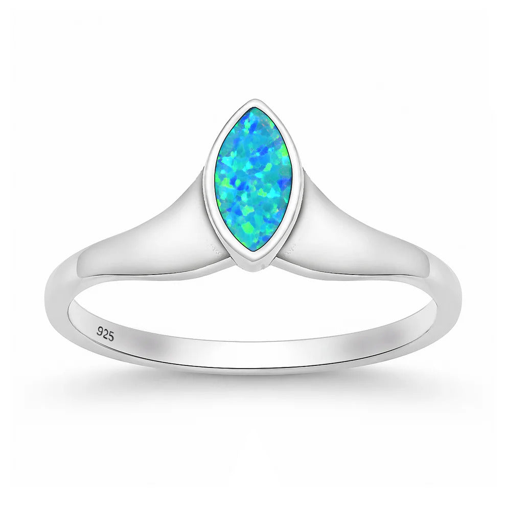 Sterling Silver Oxidized And Polished Marquise Blue Lab Opal Ring