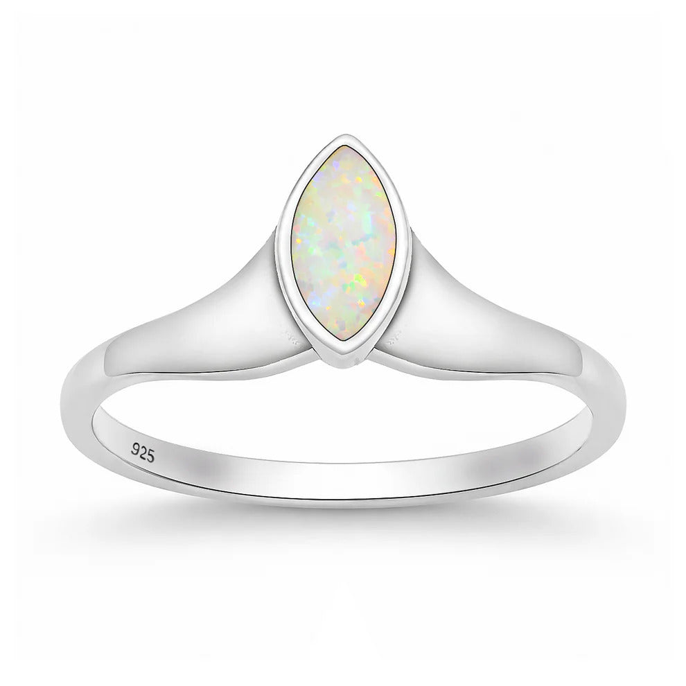 Sterling Silver Oxidized And Polished Marquise White Lab Opal Ring