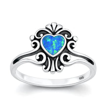 Load image into Gallery viewer, Sterling Silver Oxidized And Polished Heart Filigree Blue Lab Opal Ring