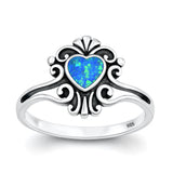 Sterling Silver Oxidized And Polished Heart Filigree Blue Lab Opal Ring