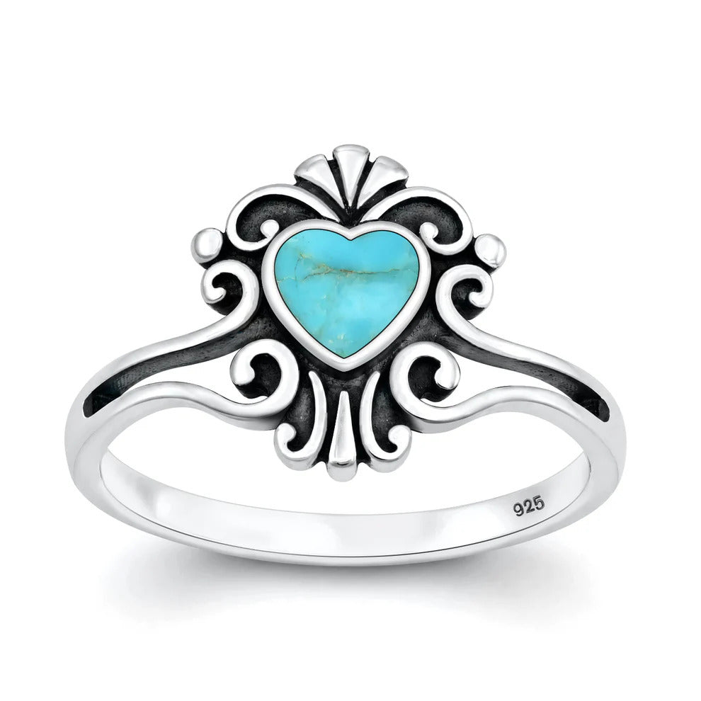 Sterling Silver Oxidized And Polished Heart Filigree Turquoise Stone Ring