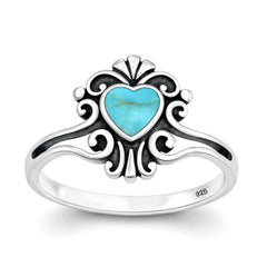 Sterling Silver Oxidized And Polished Heart Filigree Turquoise Stone Ring