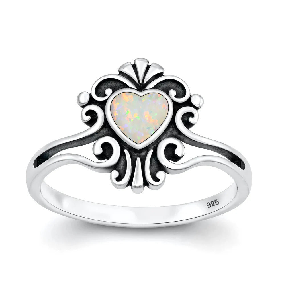 Sterling Silver Oxidized And Polished Heart Filigree White Lab Opal Ring