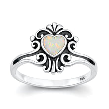 Load image into Gallery viewer, Sterling Silver Oxidized And Polished Heart Filigree White Lab Opal Ring