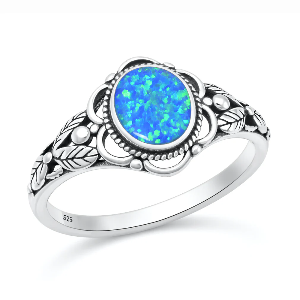 Sterling Silver Oxidized And Polished Bali Leaves Blue Lab Opal Ring