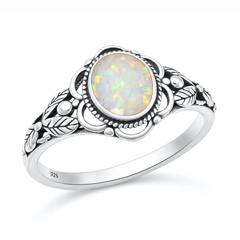 Sterling Silver Oxidized And Polished Bali Leaves White Lab Opal Ring