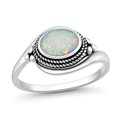 Sterling Silver Oxidized And Polished White Lab Opal Ring