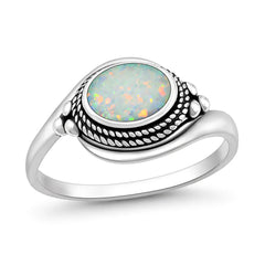 Sterling Silver Oxidized And Polished White Lab Opal Ring