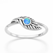 Load image into Gallery viewer, Sterling Silver Oxidized And Polished Feather Blue Lab Opal Ring