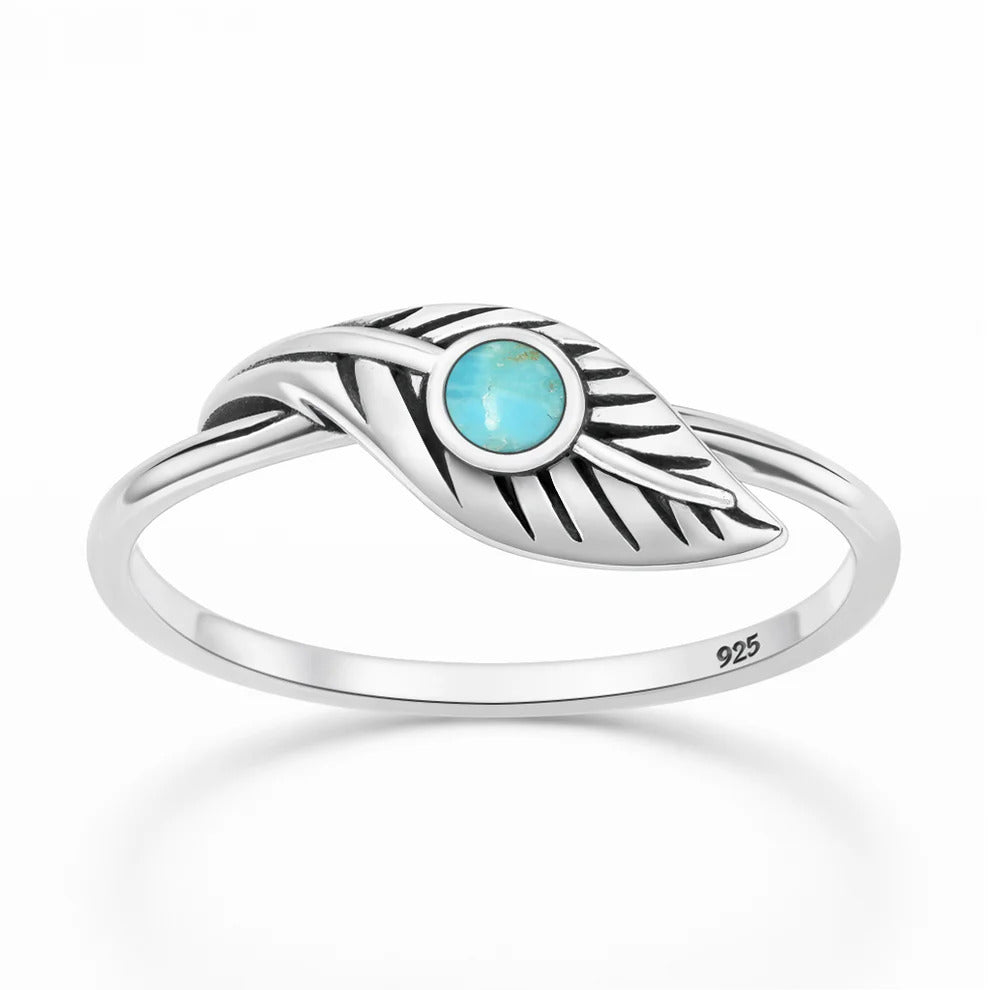 Sterling Silver Oxidized And Polished Turquoise Stone Feather Ring