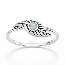 Load image into Gallery viewer, Sterling Silver Oxidized And Polished Feather White Lab Opal Ring
