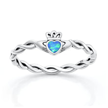 Load image into Gallery viewer, Sterling Silver Oxidized And Polished Claddagh Blue Lab Opal Ring