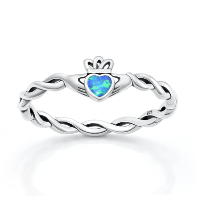Sterling Silver Oxidized And Polished Claddagh Blue Lab Opal Ring