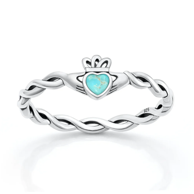 Sterling Silver Oxidized And Polished Claddagh Turquoise Stone Ring