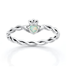 Load image into Gallery viewer, Sterling Silver Oxidized And Polished 6.3mm Claddagh White Lab Opal Ring
