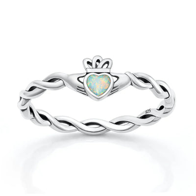 Sterling Silver Oxidized And Polished 6.3mm Claddagh White Lab Opal Ring