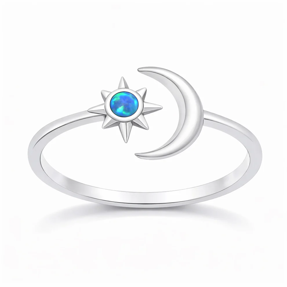 Sterling Silver Oxidized Polished Moon and Star Blue Lab Opal Ring