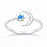 Sterling Silver Oxidized Polished Moon and Star Blue Lab Opal Ring