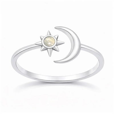 Sterling Silver Oxidized Polished Moon and Star Moonstone Ring