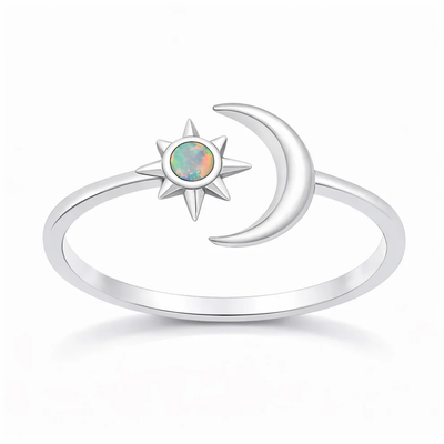 Sterling Silver Oxidized Polished Moon and Star White Lab Opal Ring