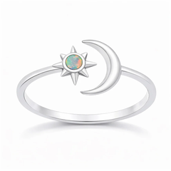 Sterling Silver Oxidized Polished Moon and Star White Lab Opal Ring