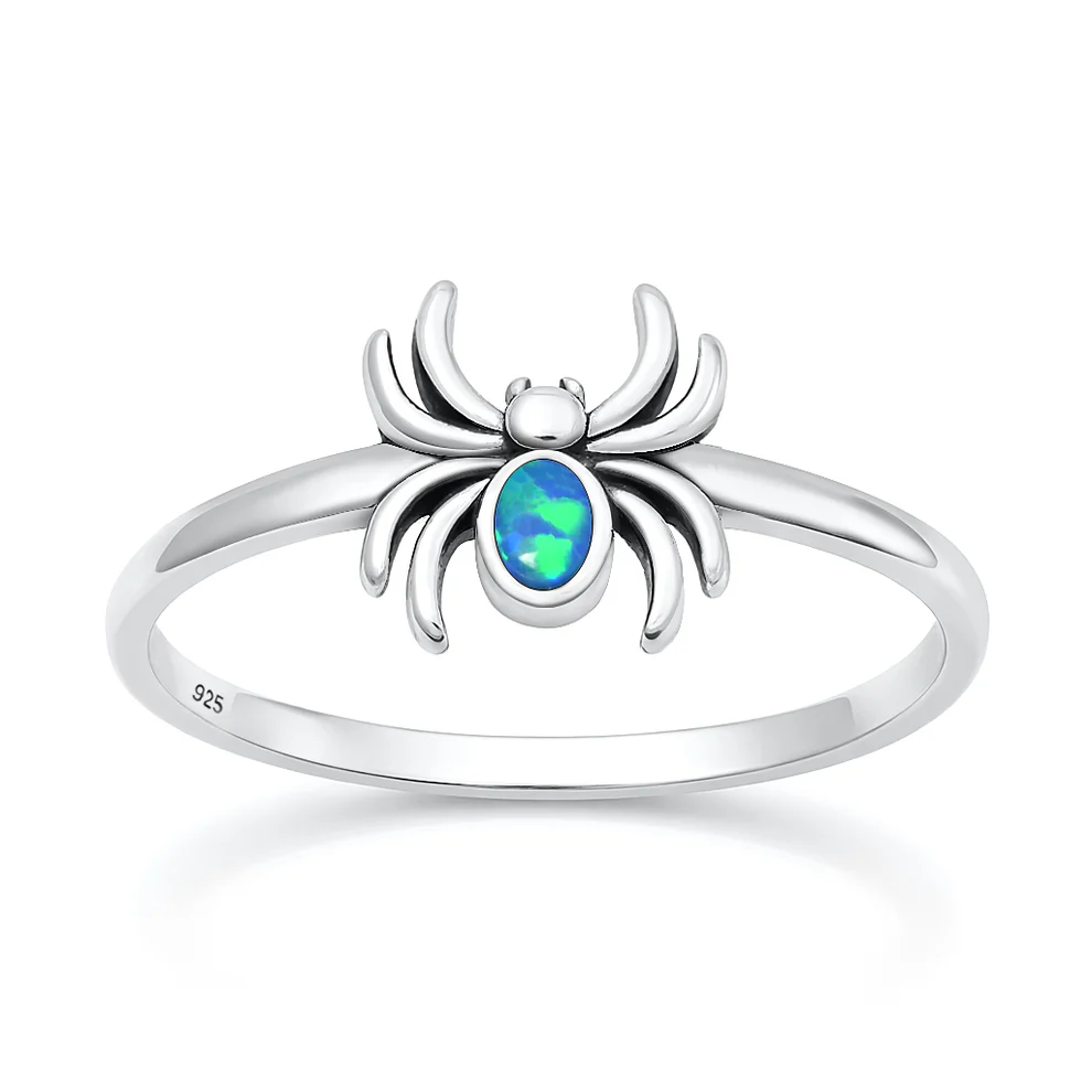 Sterling Silver Oxidized And Polished Spider Blue Lab Opal Ring
