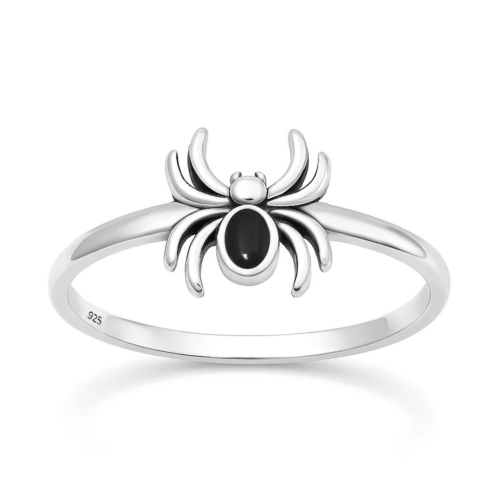 Sterling Silver Oxidized And Polished Spider Black Agate Stone Ring