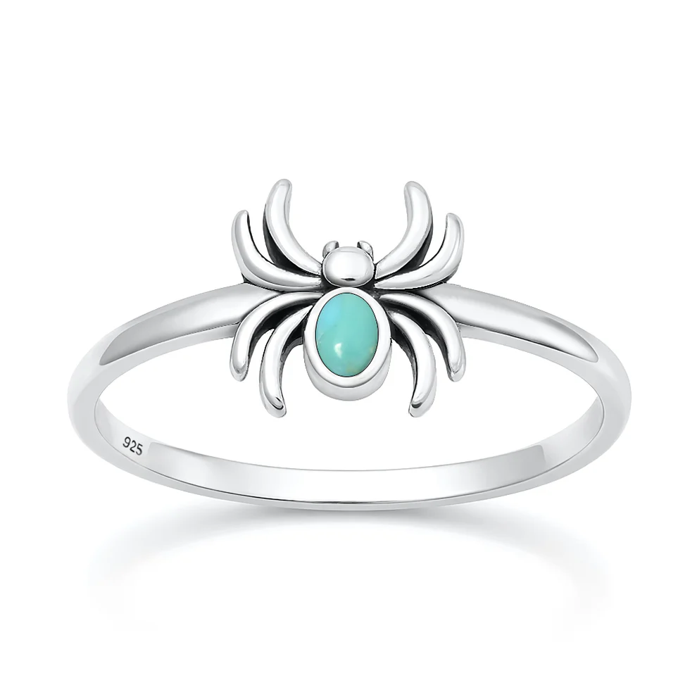 Sterling Silver Oxidized And Polished 9.9mm Spider Turquoise Stone Ring