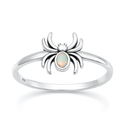 Sterling Silver Oxidized And Polished Spider White Lab Opal Ring