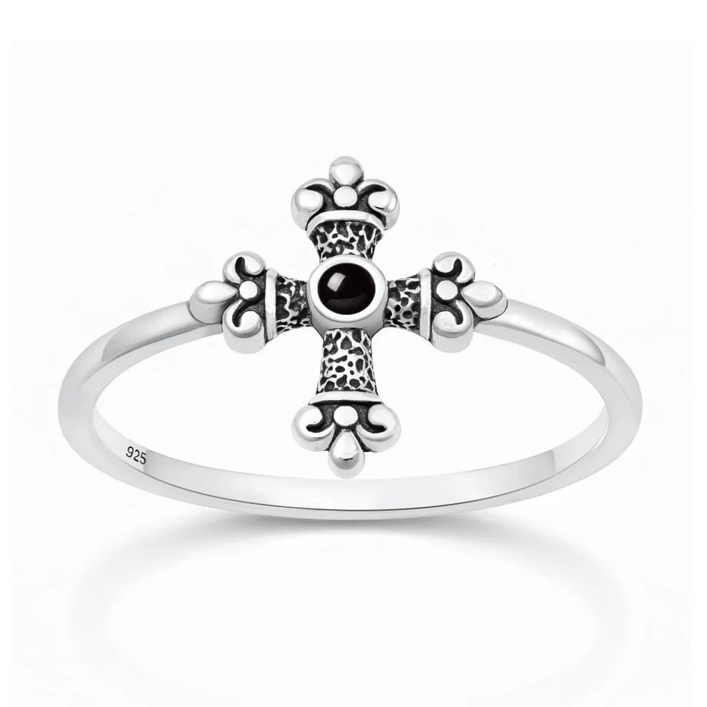 Sterling Silver Oxidized And Polished Medieval Cross Black Onyx Stone Ring