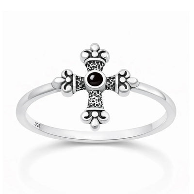 Sterling Silver Oxidized And Polished Medieval Cross Black Onyx Stone Ring