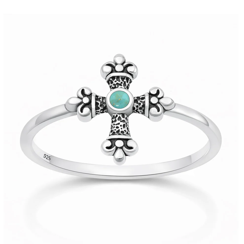Sterling Silver Oxidized And Polished Cross Turquoise Stone Ring