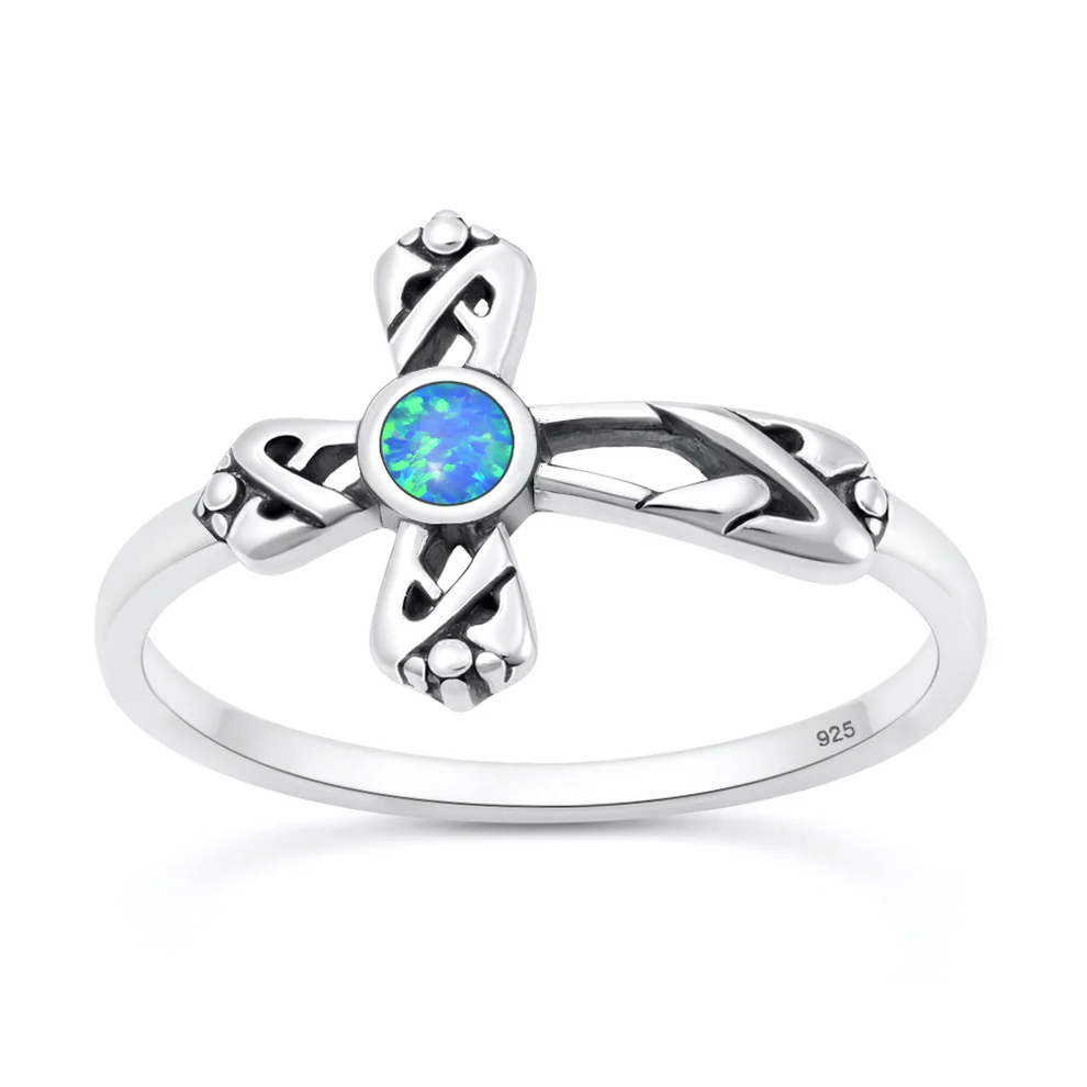 Sterling Silver Oxidized And Polished Cross Blue Lab Opal Ring