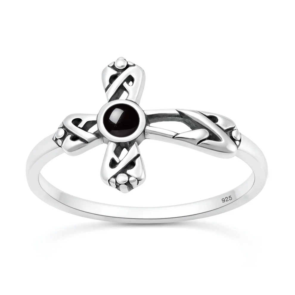 Sterling Silver Oxidized And Polished Cross Black Agate Stone Ring