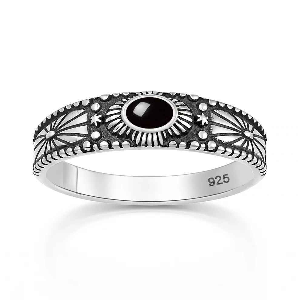 Sterling Silver Oxidized And Polished Southwestern Black Agate Stone Ring