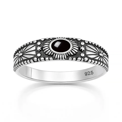 Sterling Silver Oxidized And Polished Tree Of Life Turquoise Stone Ring