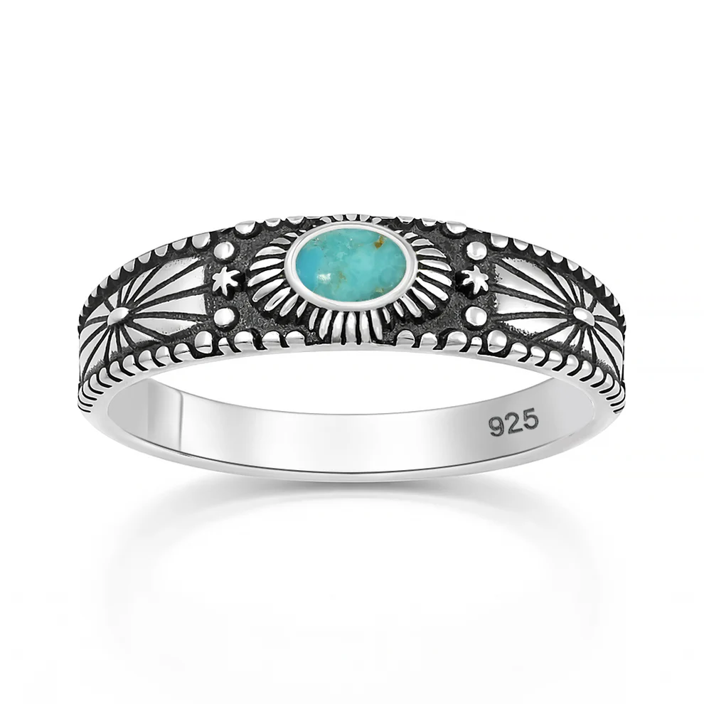 Sterling Silver Oxidized And Polished Southwestern Turquoise Stone Ring