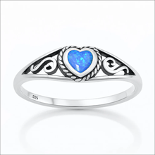 Load image into Gallery viewer, Sterling Silver Oxidized And Polished Heart Blue Lab Opal Ring