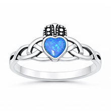 Load image into Gallery viewer, Sterling Silver Oxidized And Polished 9.2mm Claddagh Blue Lab Opal Ring