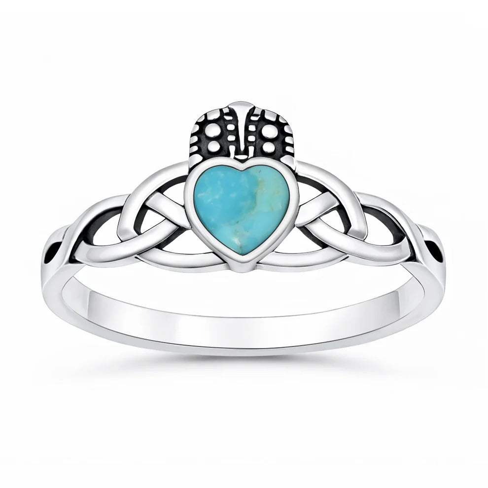 Sterling Silver Oxidized And Polished 9.1mm Turquoise Stone Claddagh Ring