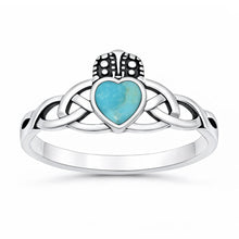Load image into Gallery viewer, Sterling Silver Oxidized And Polished 9.1mm Turquoise Stone Claddagh Ring