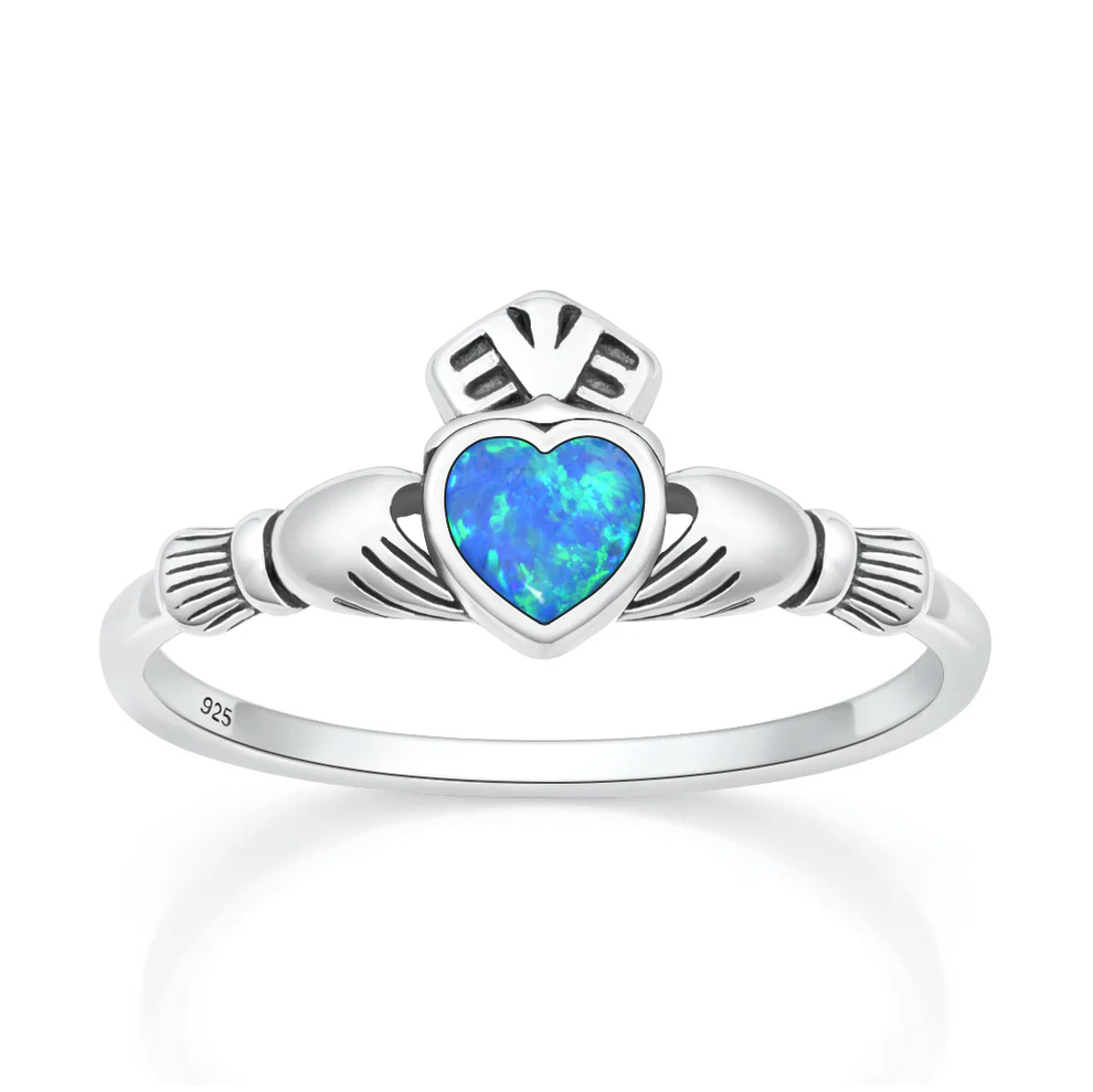 Sterling Silver Oxidized And Polished 9.6mm Claddagh Blue Lab Opal Ring