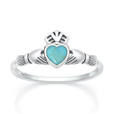 Sterling Silver Oxidized And Polished Claddagh Turquoise Stone Ring