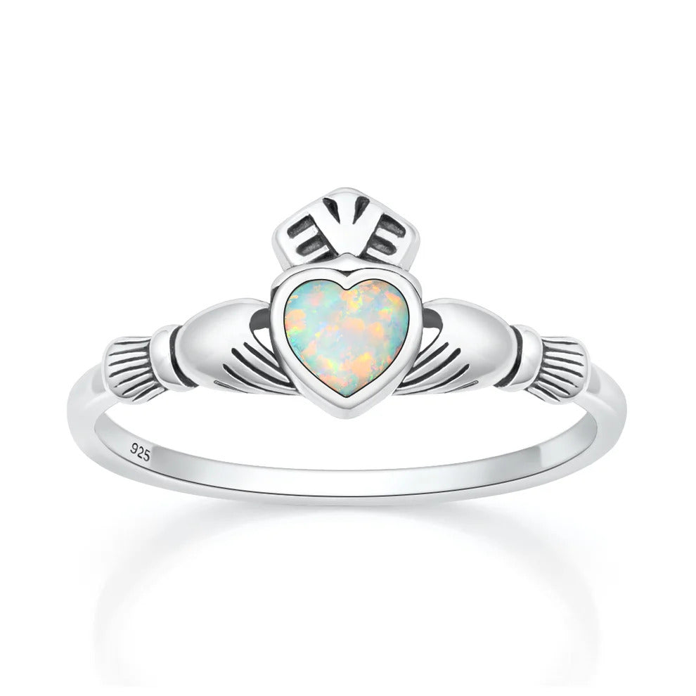 Sterling Silver Oxidized And Polished 9.6mm Claddagh White Lab Opal Ring