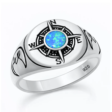 Load image into Gallery viewer, Sterling Silver Oxidized And Polished Compass Blue Lab Opal Ring