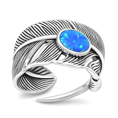 Sterling Silver Oxidized And Polished Blue Lab Opal Feather Ring