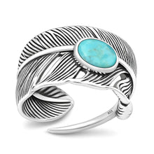 Load image into Gallery viewer, Sterling Silver Oxidized And Polished Feather Turquoise Stone Ring