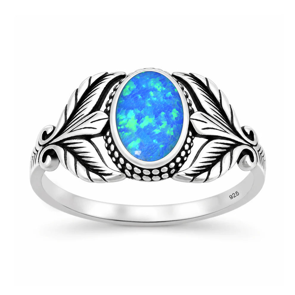 Sterling Silver Oxidized And Polished Leaf Blue Lab Opal Ring