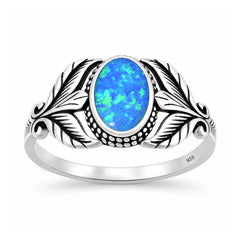 Sterling Silver Oxidized And Polished Leaf Blue Lab Opal Ring