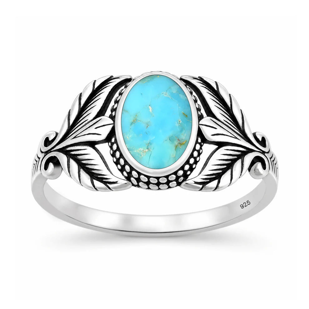 Sterling Silver Oxidized And Polished Leaf Turquoise Stone Ring